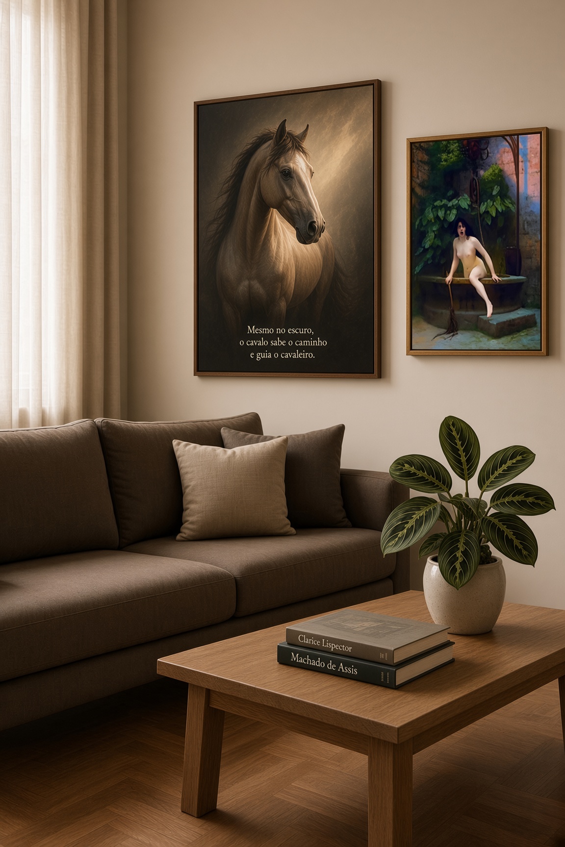Consultório com sofá escuro, maranta-rezadeira, livros e o quadro do cavalo
